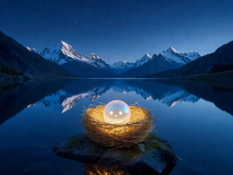 A glowing nest with the orb inside rests on a rock in a still alpine lake below snow-capped mountains at night.